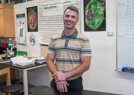 Biology Teacher Mr. Wnek dons his summer-school attire. The father of three young daughters came to Fenwick seven years ago from St. Patrick High School in Chicago.