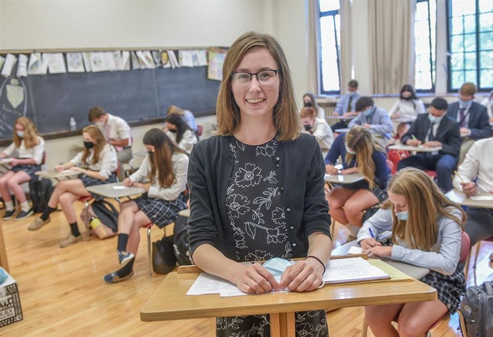Alumna Theresa Steinmeyer '12, now English Dept. Chair, is in her fourth year of teaching at Fenwick. She also moderates The Wick student newspaper as well as the Write Place — and helps first-year students to assimilate!